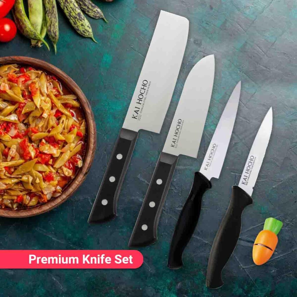 smart kitchen hacks tools Set of premium stainless steel kitchen knives including chef knife, cleaver, and utility knives placed on table with vegetables
