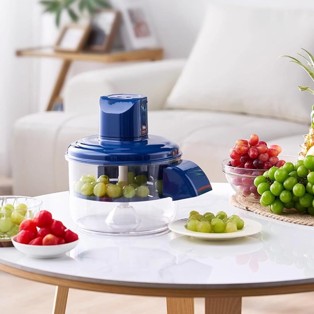 smart kitchen hacks tools Manual fruit chopper on table cutting grapes, multi-functional kitchen tool with container for quick slicing and chopping fruits and vegetables