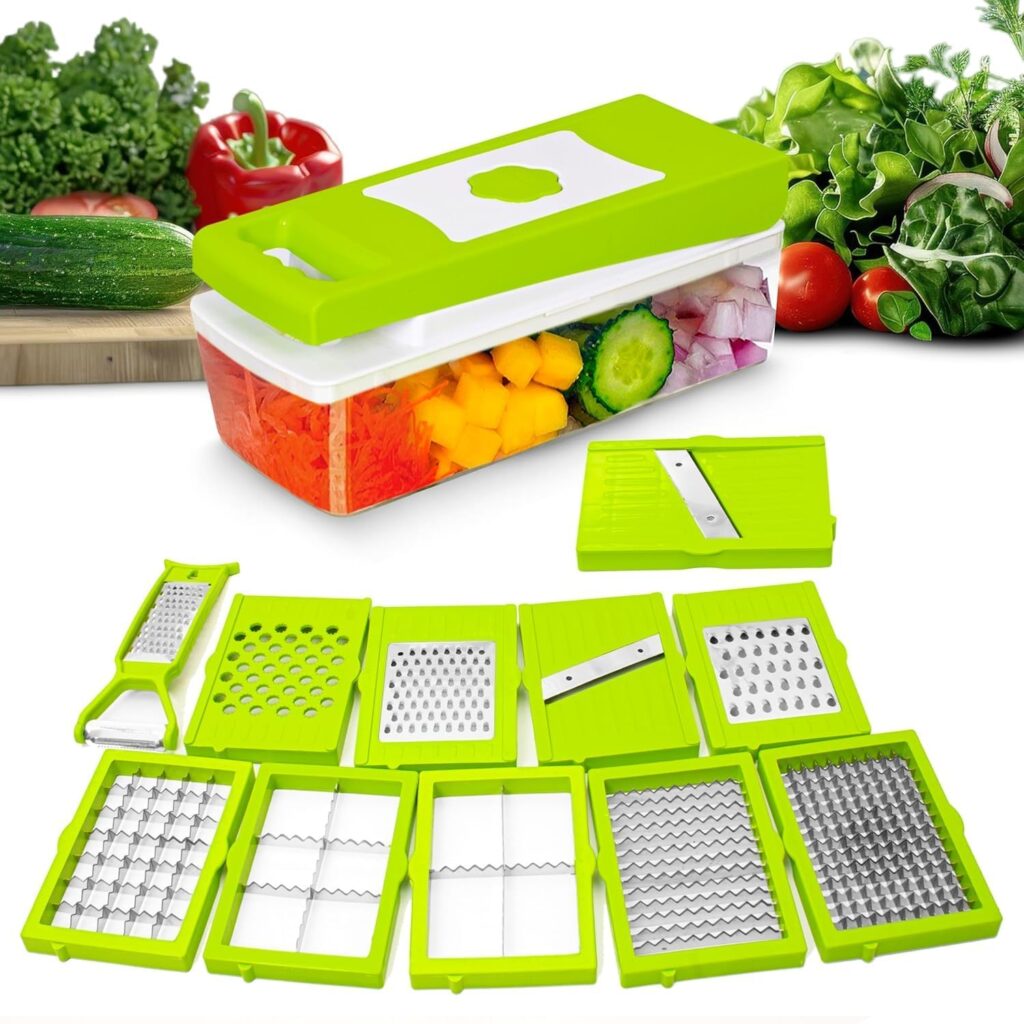 smart kitchen hacks tools Green multi-functional vegetable chopper with interchangeable blades, container box, and attachments for slicing, dicing, and grating vegetables