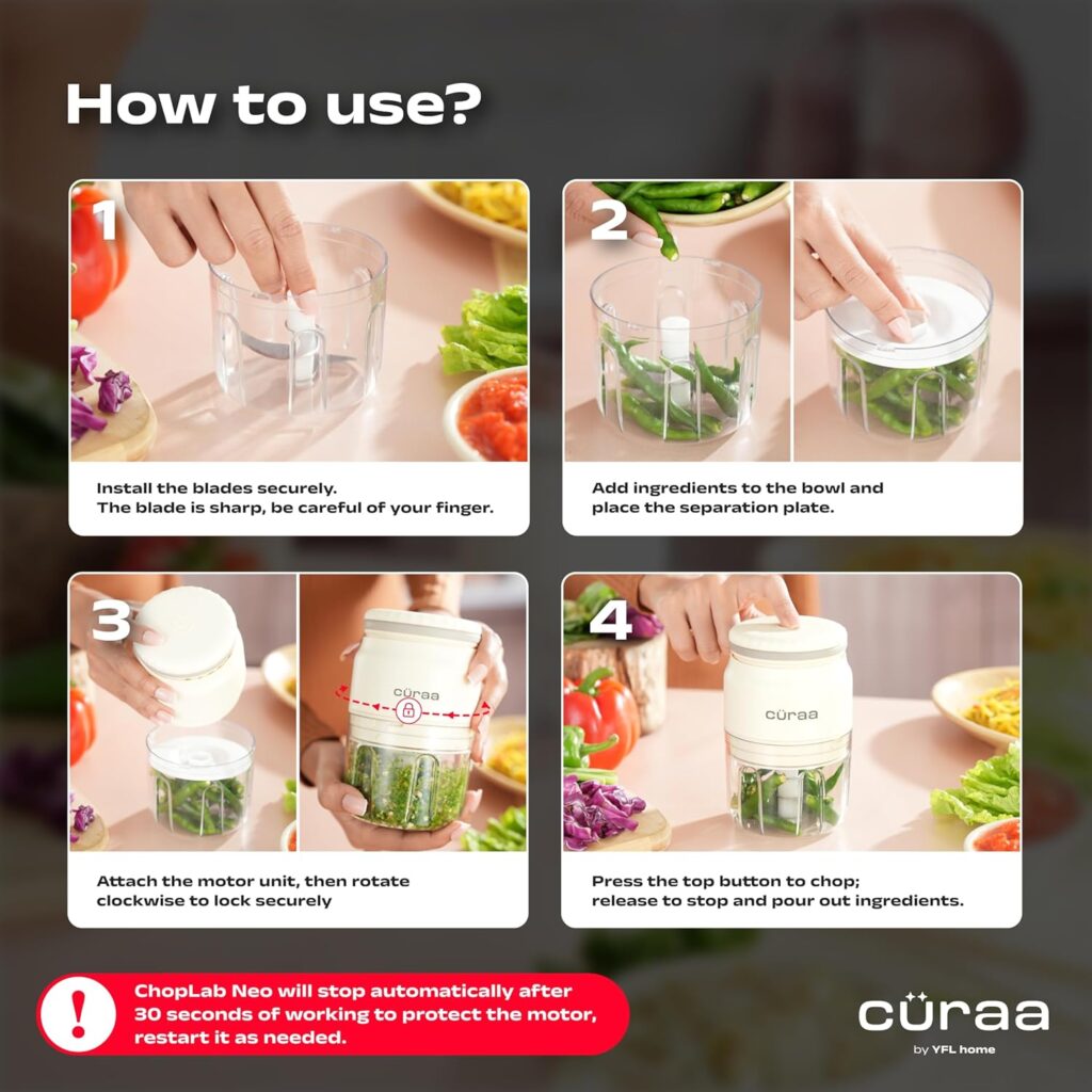 smart kitchen hacks tools Hand pressing a compact electric mini chopper chopping vegetables like chili and cabbage, 250ml portable food processor with one-touch operation