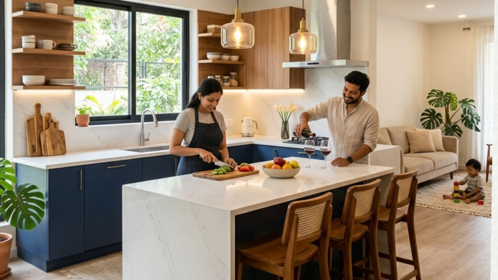 open kitchen design with large island and modern lighting