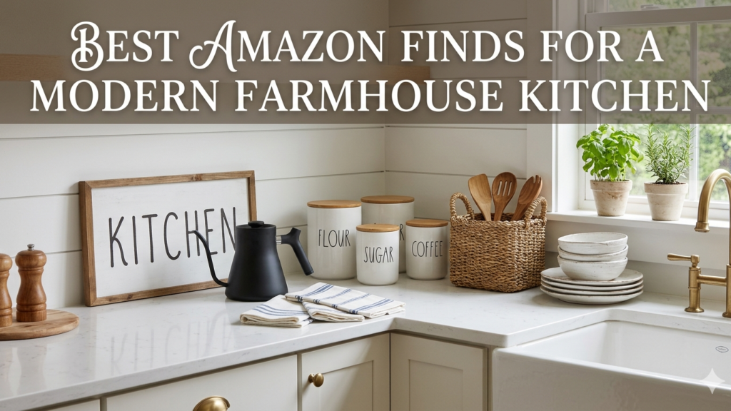 natural wood floating shelves displaying mugs plants and decor in farmhouse kitchen best amazon finds for a modern farmhouse kitchen