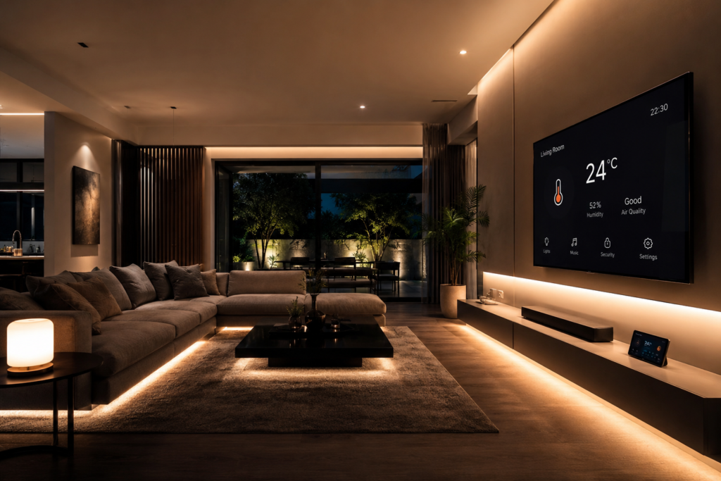 Modern smart home living room with automated technology