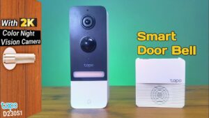 Modern keyless smart door lock installed on wooden door