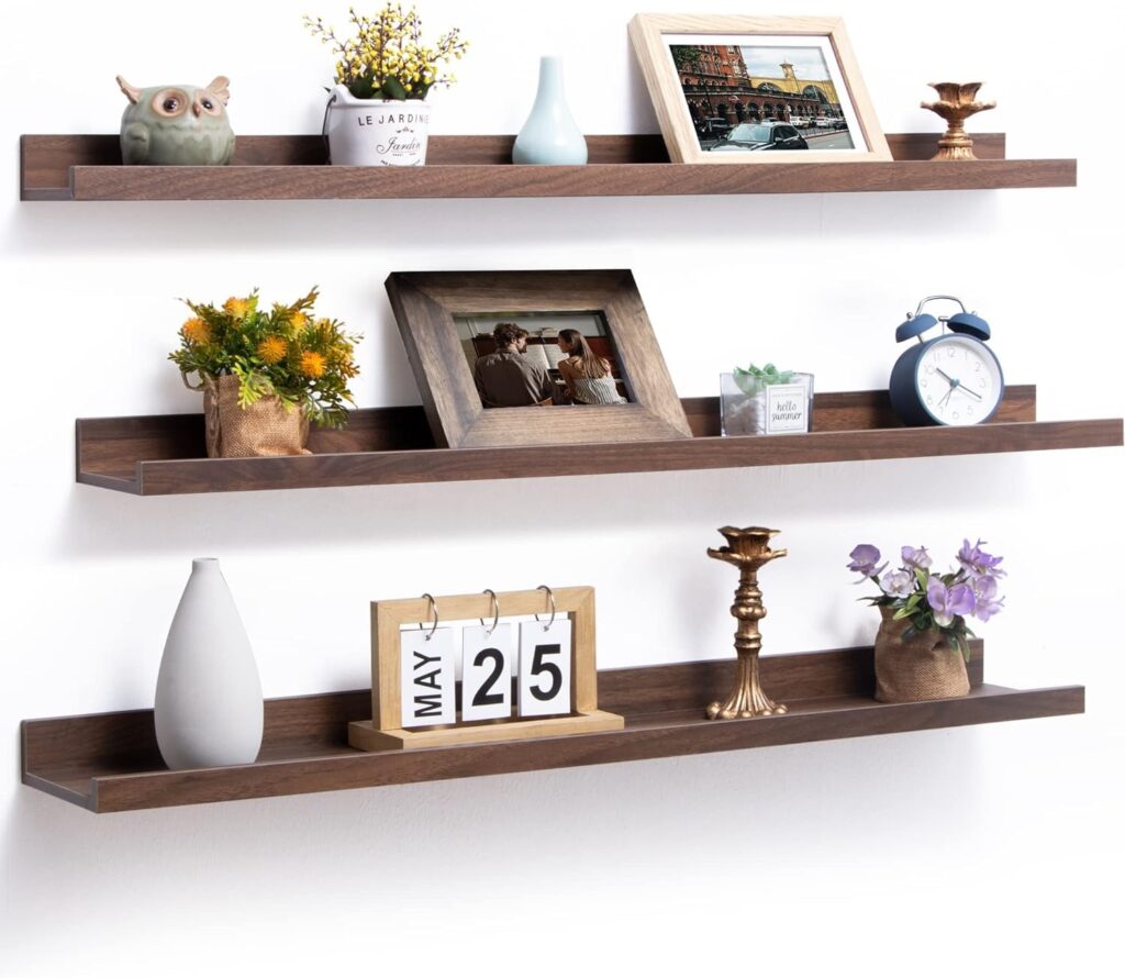 natural wood floating shelves displaying mugs plants and decor in farmhouse kitchen best amazon finds for a modern farmhouse kitchen