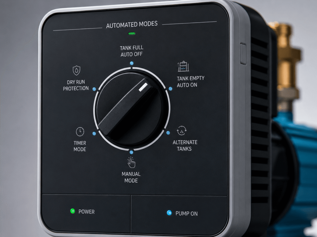 Swarn Jal wireless water level controller panel with LED indicators on a wall.